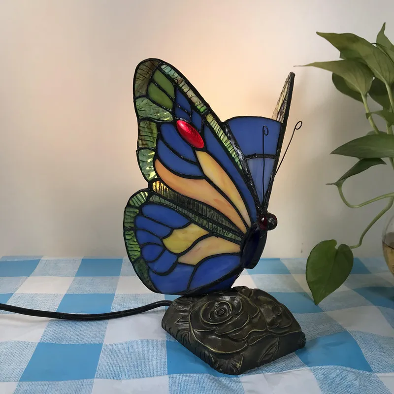 Stained Glass Butterfly Lamps With US/EU/UK/AU Plug In E27 LED Bedroom Bedside Light for Table Night Fixtures