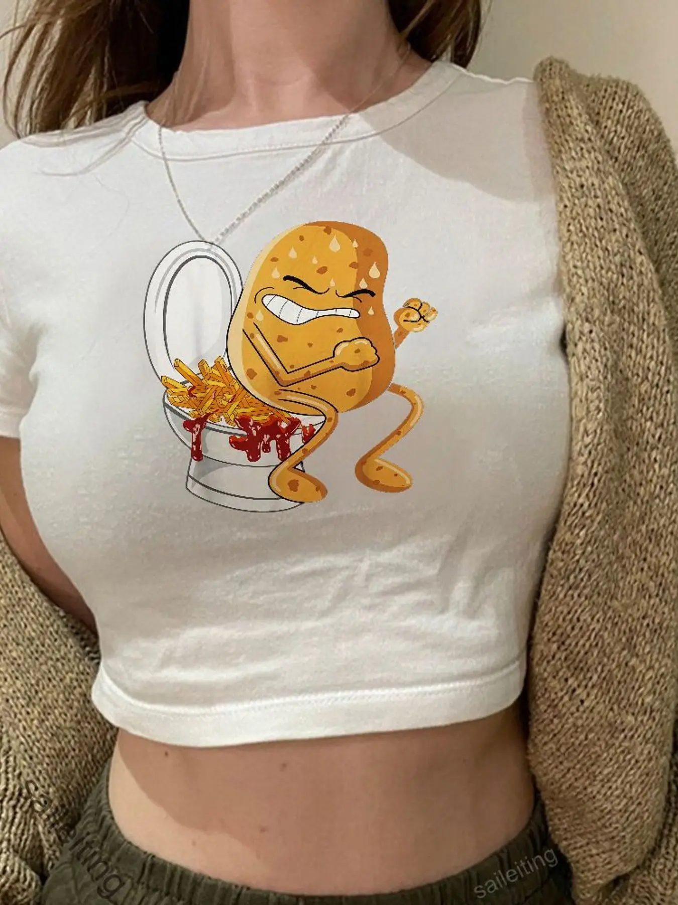 Women's White Cropped T-Shirt Cartoon Fried Potato Character Print Funny Mischievous Graphic Tee Harajuku Streetwear Aestheti