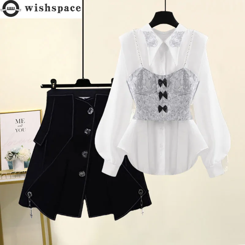 2022 New Spring and Autumn Women\'s Suit Korean Bowknot Suspender Slim Fit Shirt Fashion Skirt Three Piece Skirt Suit