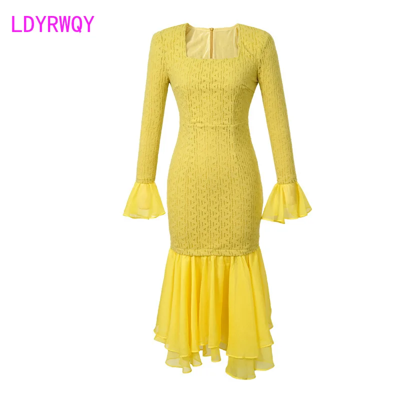 2023 Autumn and Winter New Women\'s Fashion French Square Neck Flare Sleeve Slim Fit Wrap Hip Knitted Fishtail Dress