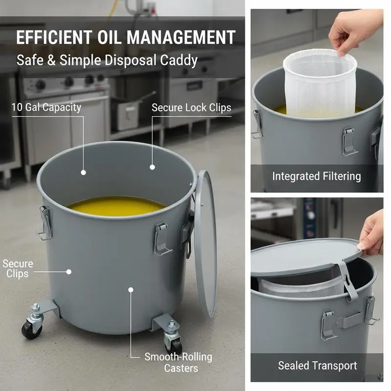 Carbon Steel Oil Transport Container 10 Gal For Restaurants Commercial Kitchens Food Trucks, Caster Base Lock Clips Filter Bag, Gray Heavy Duty Storage Drum High Capacity Waste Oil Caddy with Lid 15 Inch Diameter 18 Inch Height view 6