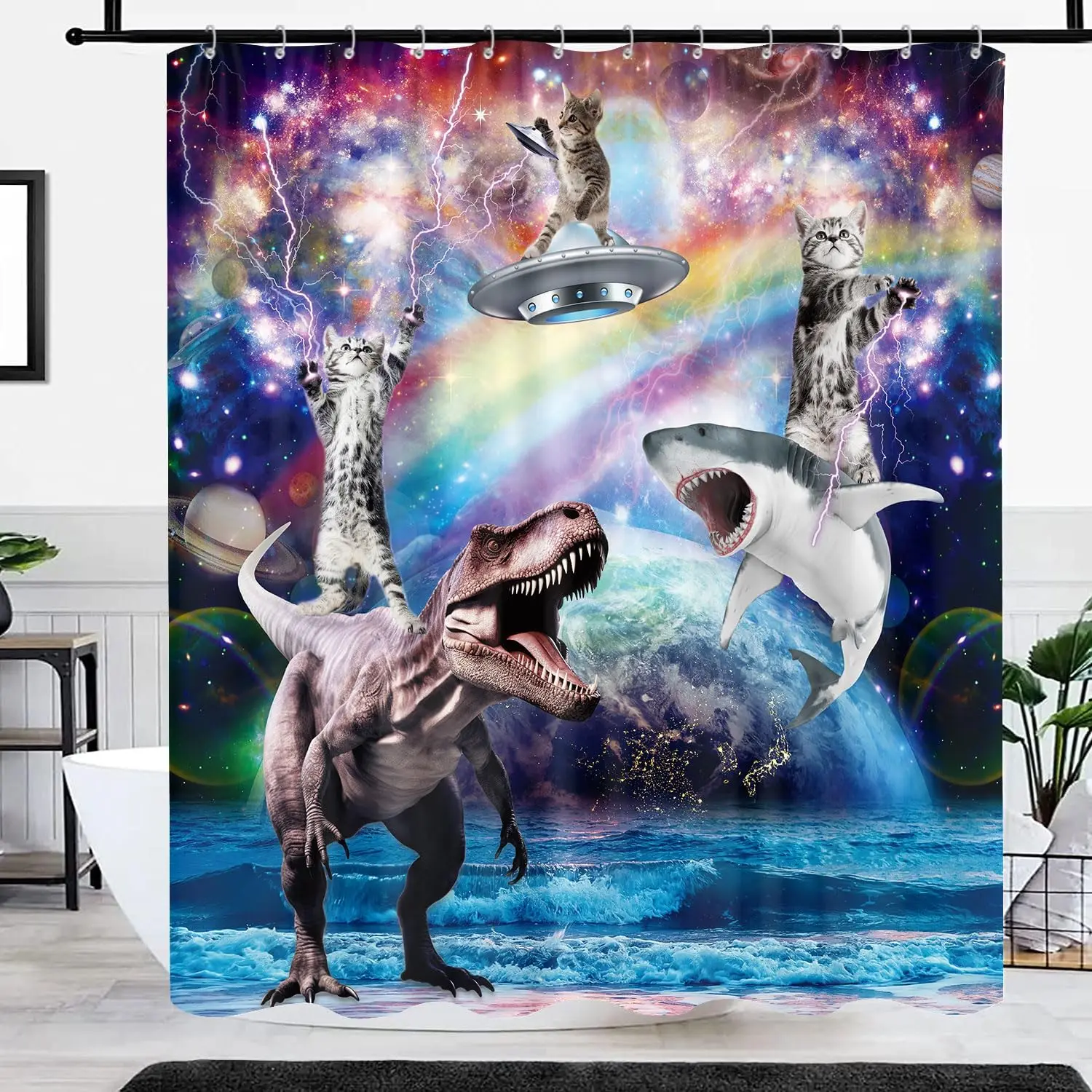 Funny cat shower curtain, cool and funny shark fantasy space anime shower curtain, funny fabric bathroom curtain set