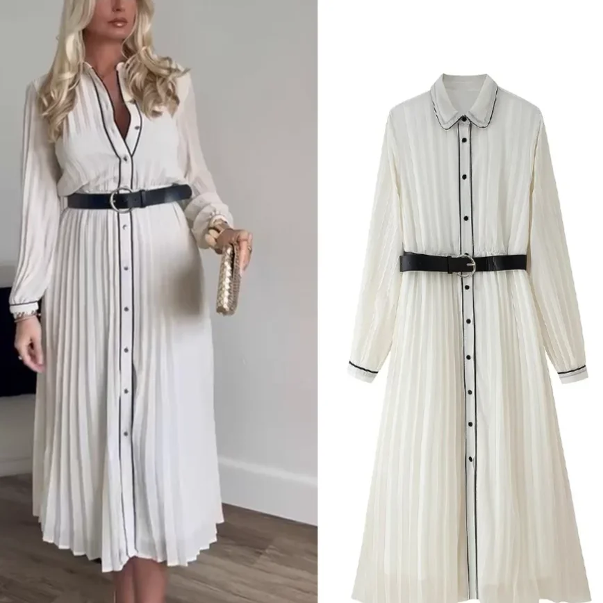 KONDALA-vestido camisero plisado elegante para mujer con cinturón vestido Midi nuevo 2025 primavera otoño moda fiesta fecha vestido largo para ir al trabajo
