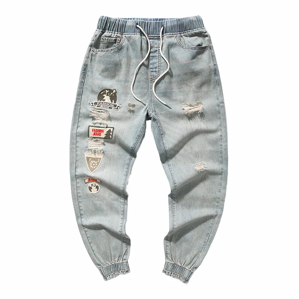 

Men Jeans Versatile 50%Polyester+50%Cotton Blue Broken Casual Fashion For All Seasons Korean Loose Comfy Fashion