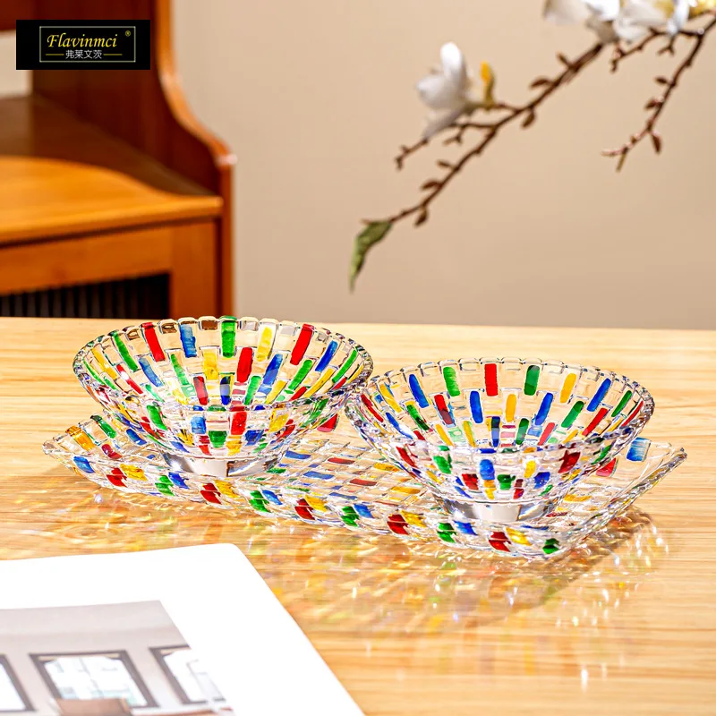 Colored Glass Dried Fruit Tray Painted Rattan Striped Tray Glass Bowl Dessert Bowl Household Living Room Coffee Table Fruit Plat