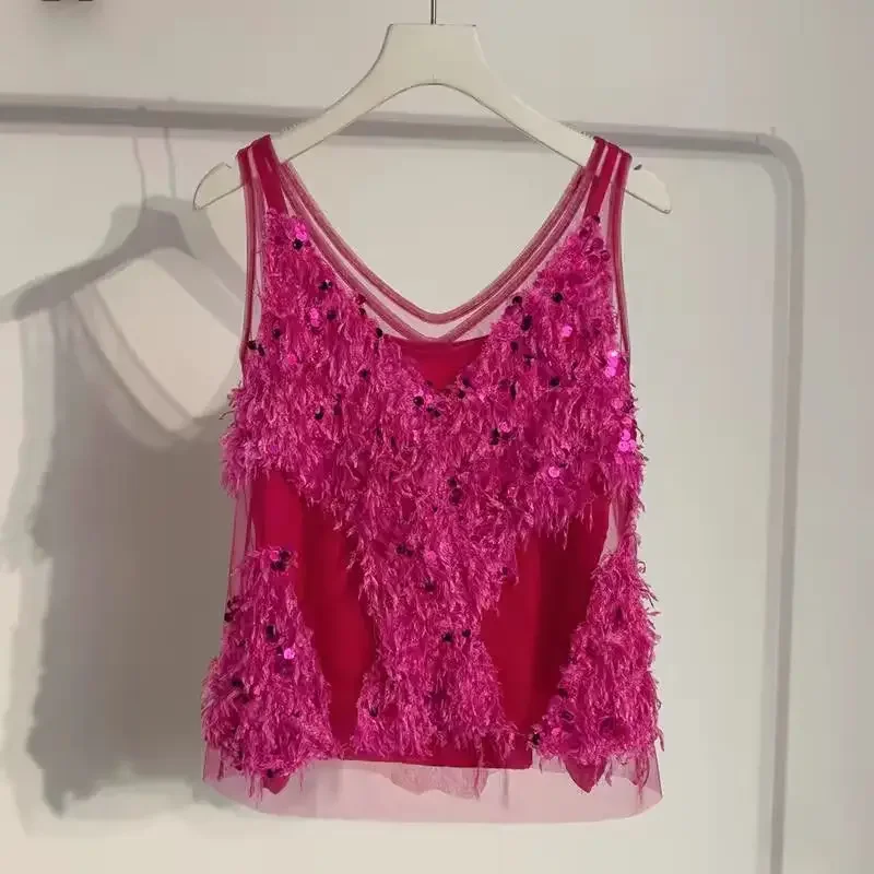 2025 Primavera Nuovo Stile Americano Chic Nicchia Sling Vest Bretella Breve Rosa Rosso Paillettes Senza Maniche Canotta Camis Ins Top