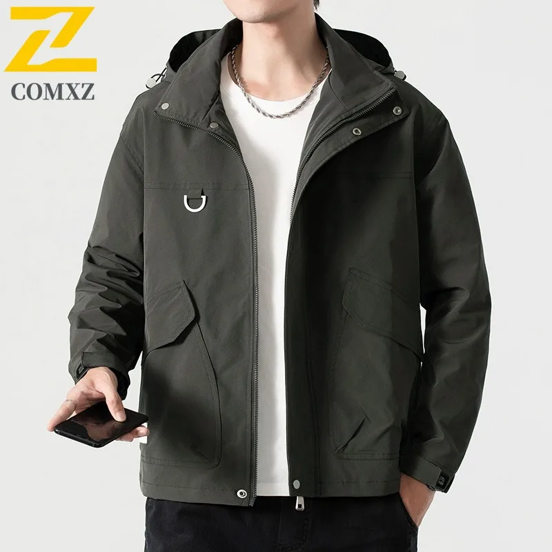 COMXZ Men Outdoor Sport Jacket Lightweight Water-Resistant Windbreaker with Hood for Hiking Camping Fishing Multi-Pocket Design