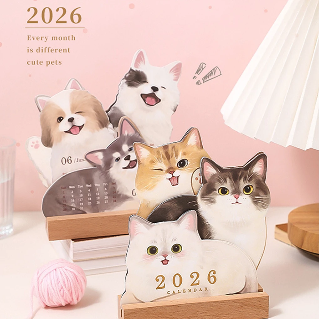 Calendrier de l'année 2026 avec la série chat et chien mignon, Structure de Support de Base robuste, calendrier de bureau de la série chat chien mignon