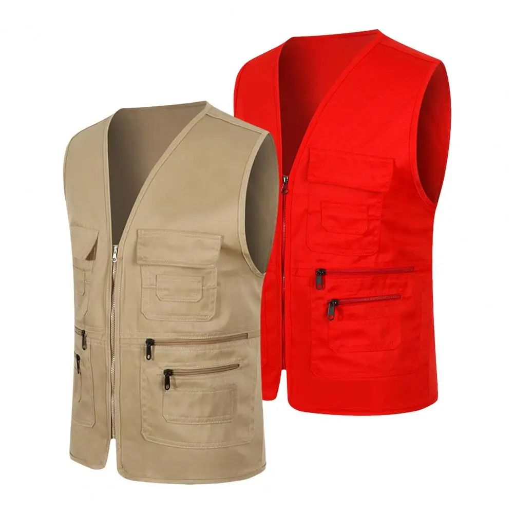 Men Utility Vest Men's Summer Cargo Waistcoat with Multi Pockets V-neck Sleeveless Sports Vest Solid Color Zipper Placket