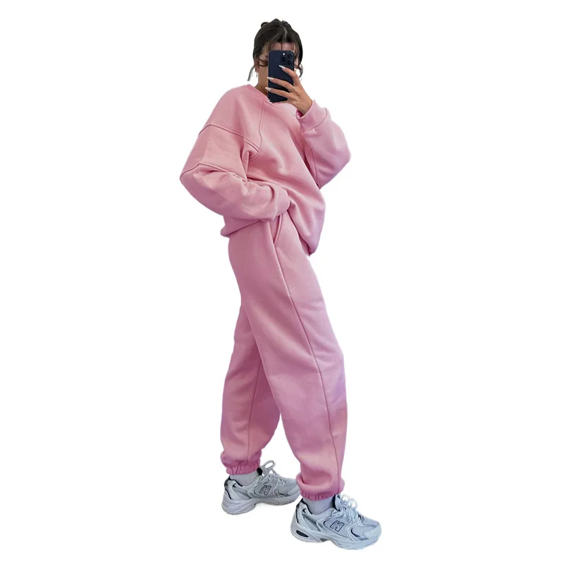Autumn and Winter New Women's Solid Color Round Neck Long Sleeve Hoodie Fashion Casual Loose Pants Suit Sports Two-piece Set