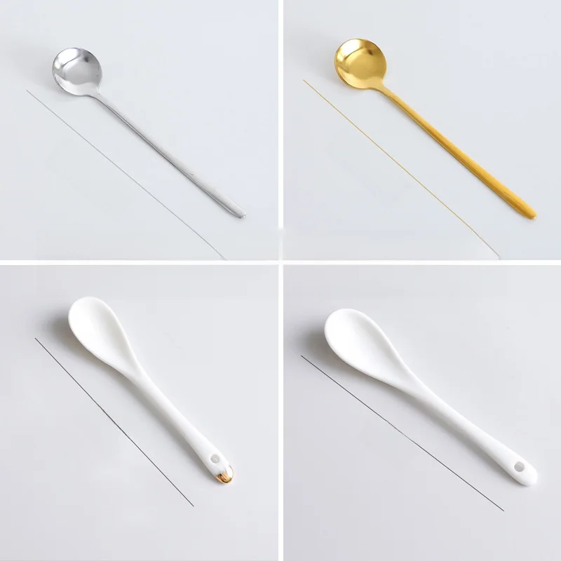 Cuchara de café con borde dorado, cuchara agitadora de acero inoxidable de mango largo, cuchara para sopa y postre, juego de utensilios de comedor estilo chino