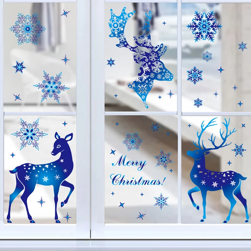 Christmas Window Clings Ornament Snowflake Sticker Glass Window Decoration Sticker Christmas Blue Snowflake Elk Wall Sticker