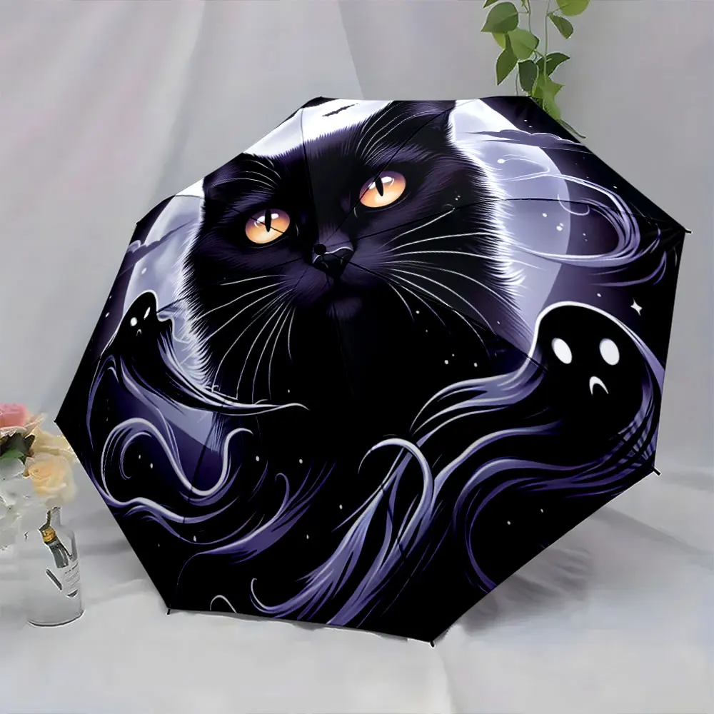 1PC Stylish black cat and ghost design on umbrella Print 8 Iron Ribs Folding Umbrella Auto-Open Fashion Sunshade