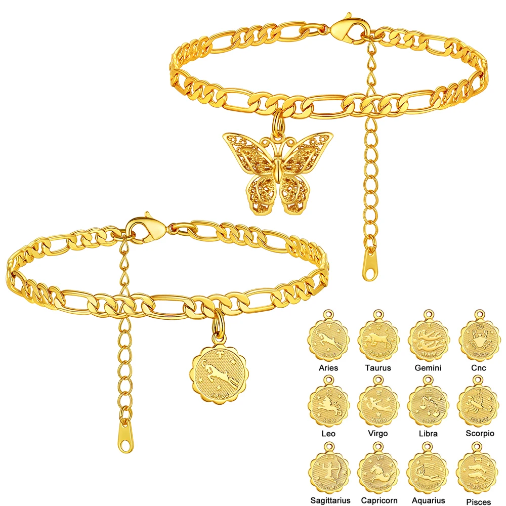 U7 زودياك عملة مستديرة فراشة سحر الخلخال أساور طويلة للنساء 4.5 مللي متر فيجارو سلسلة 8.5 بوصة كوكبة الشاطئ مجوهرات