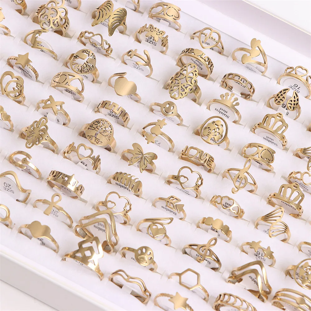 10Pcs/Lots Fashion Stainless Tainless Hollow Love Flower Animal Etc Mix Style Jewelry Rings For Women(4 Colors Free Choose)