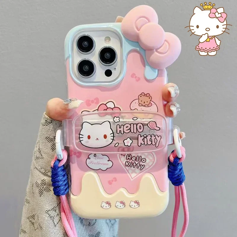 Sanrio Anime Hello Kitty IPhone Case 13 14 12 Pro Max Cartoon Cute Fall Prevention With Holder  Anti Slip Shell Girl Gift Toys