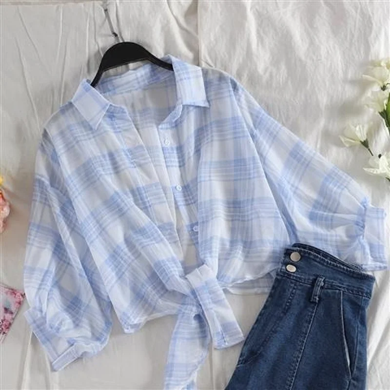 Shirts Women All-match Plaid Breathable Cozy Fashion Cropped Turn-down Collar Elegant Summer New Korean Style Female Casual Ins