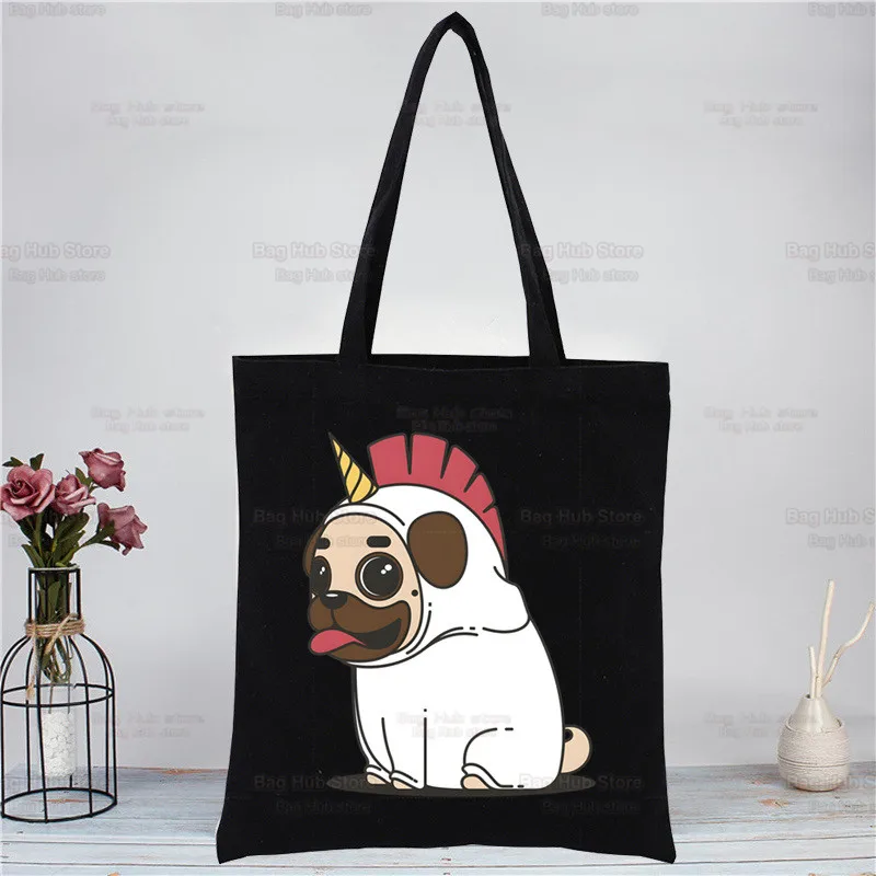 Pug Dog Tote Bag Shopping Original Design Black Unisex Travel Dug Life Bad Dog Canvas Bags Eco Foldable Shopper Bag