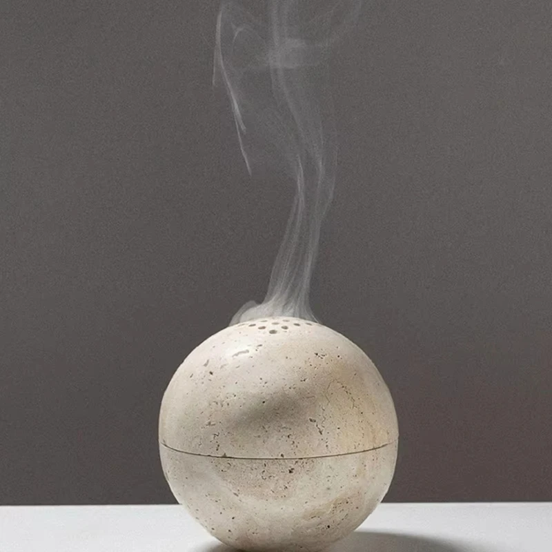 Beige Travertine Sphere Incense Burner Natural Marble Stone Home Decoration, Religious Round Ornament