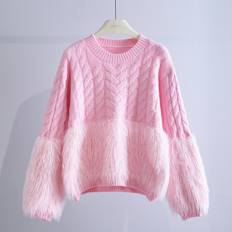 Sweet Pink Sweater Tops Women Pull Femme O-neck Fashion Knitting Ribbed Cropped Pullovers 2023 Ropa Mujer Casual Y2k Jumper