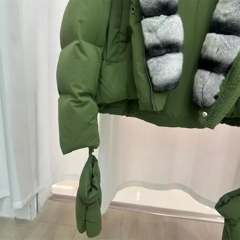 Women's winter jacket 2025 New detachable rabbit fur collar hooded down jacket White duck down filled down coats warm thick coat