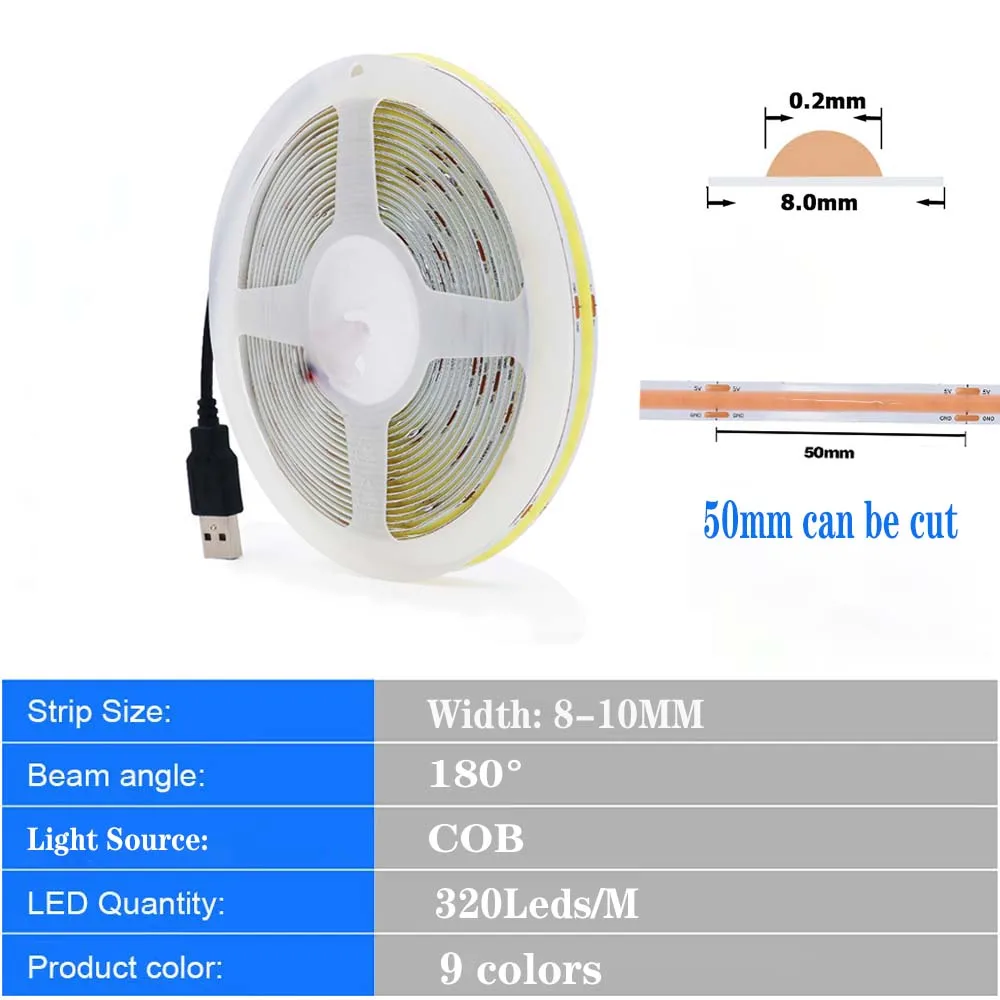 5M DC5V LED COB Strip Light 320LED/M larghezza ad alta densità 8mm con luci a nastro flessibili USB per l'illuminazione della lampada della decorazione domestica della camera da letto