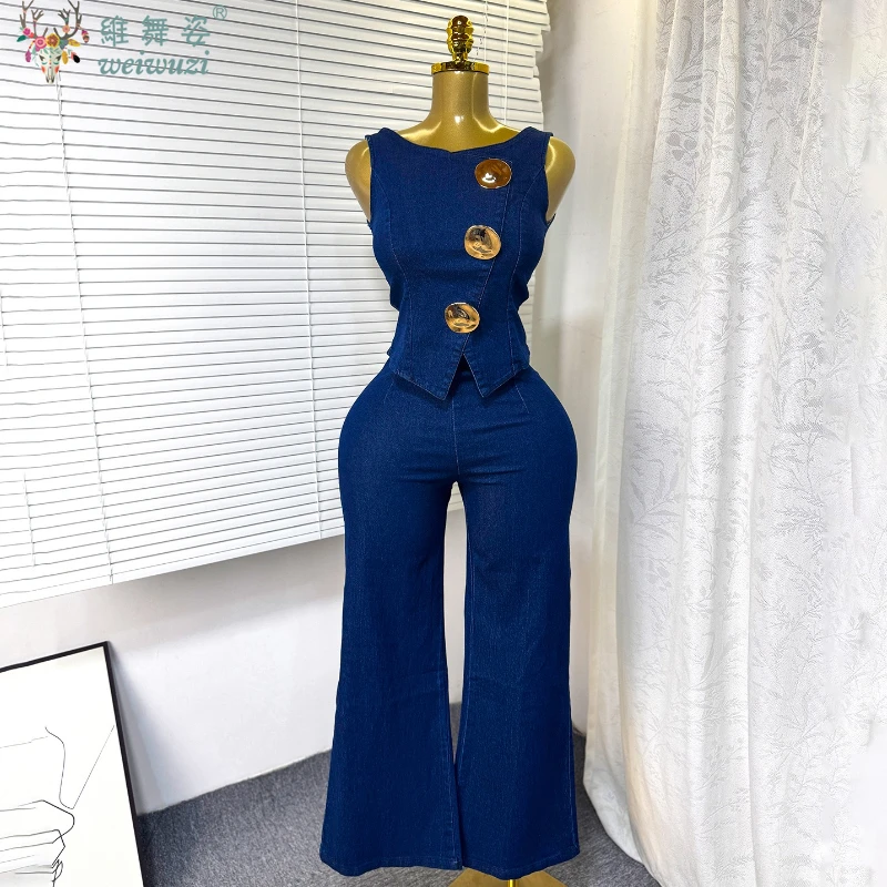 

Denim Pant 2 Piece Set Jeans for Women Autumn Metal Buckle Sleeveless Top Denim Vest+ High Waist Jeans Causal Wide Leg Pants Set