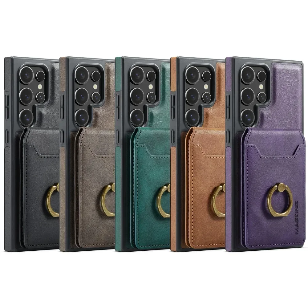 محفظة مغناطيسية قابلة للفصل 2 في 1 مع حامل بطاقة حافظة هاتف لهاتف سامسونج جالاكسي S25 Edge S24 Plus S23 Ultra Ring أغطية جلد