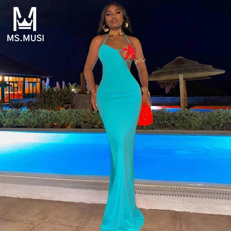 

MSMUSI 2023 New Fashion Women Sexy Halter Lace Up Backless Starfish Crystal Beading Sleeveless Bodycon Party Maxi Dress Gown