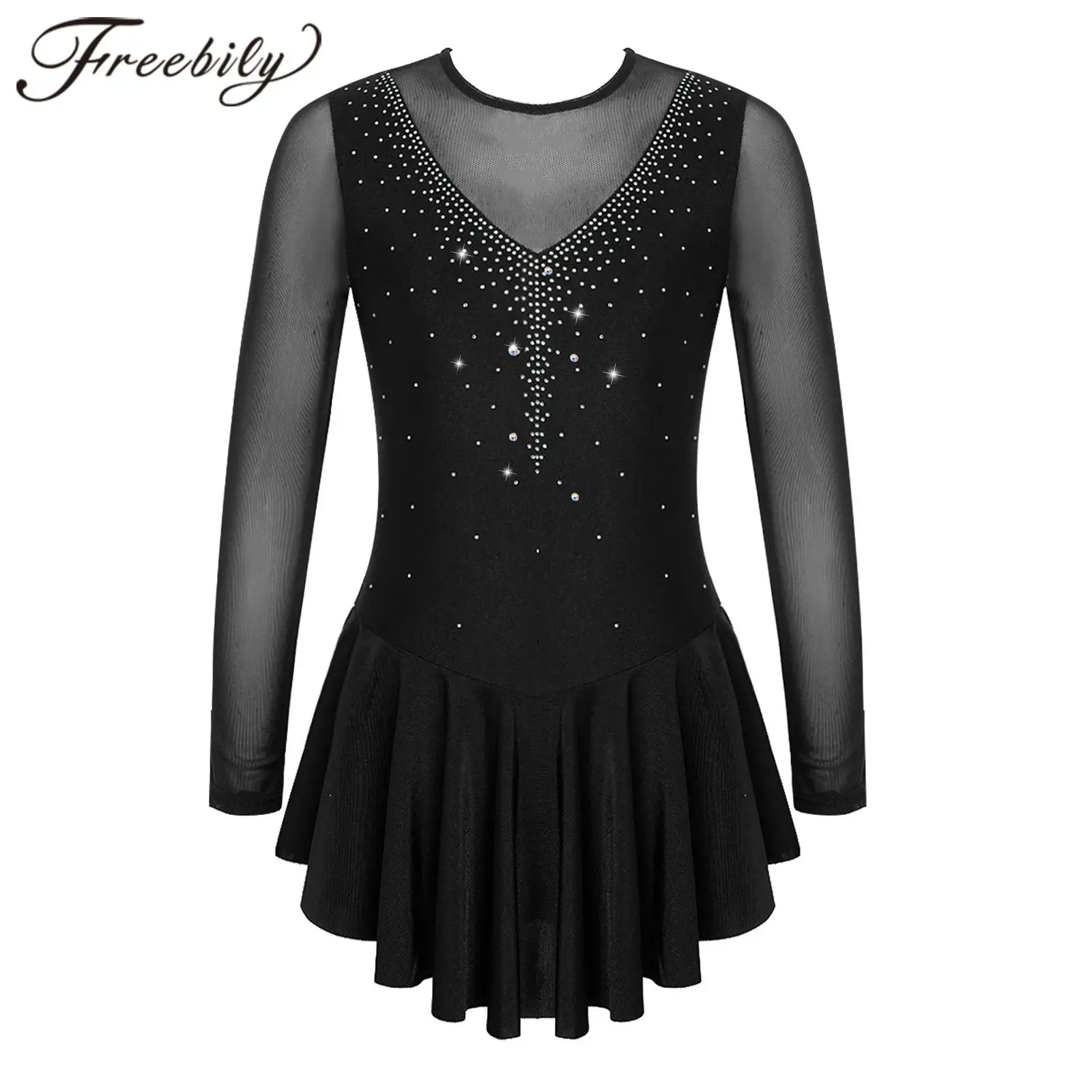 Girls Rhinestone Figure Skating Dress Children Mesh Splice Ballet Leotards Dresses Ice Skating Dress Stage Performance Dancewear