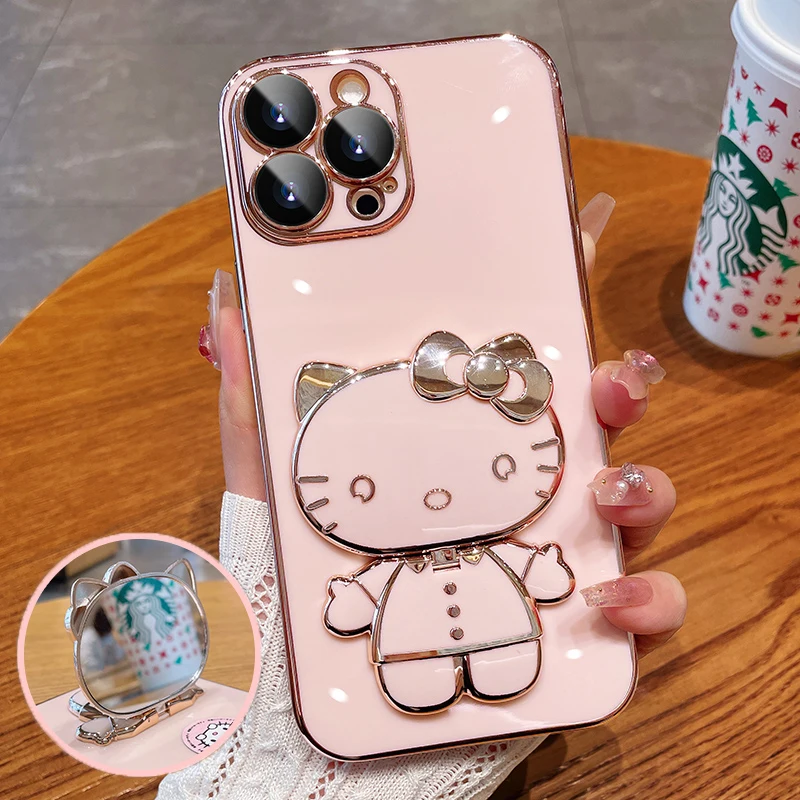 Simpatica custodia per staffa a specchio Hello Kitty per iPhone 15 11 12 13 14 Pro Max Mini XR XS X 8 7 6 Plus SE 2020 Cover posteriore placcata