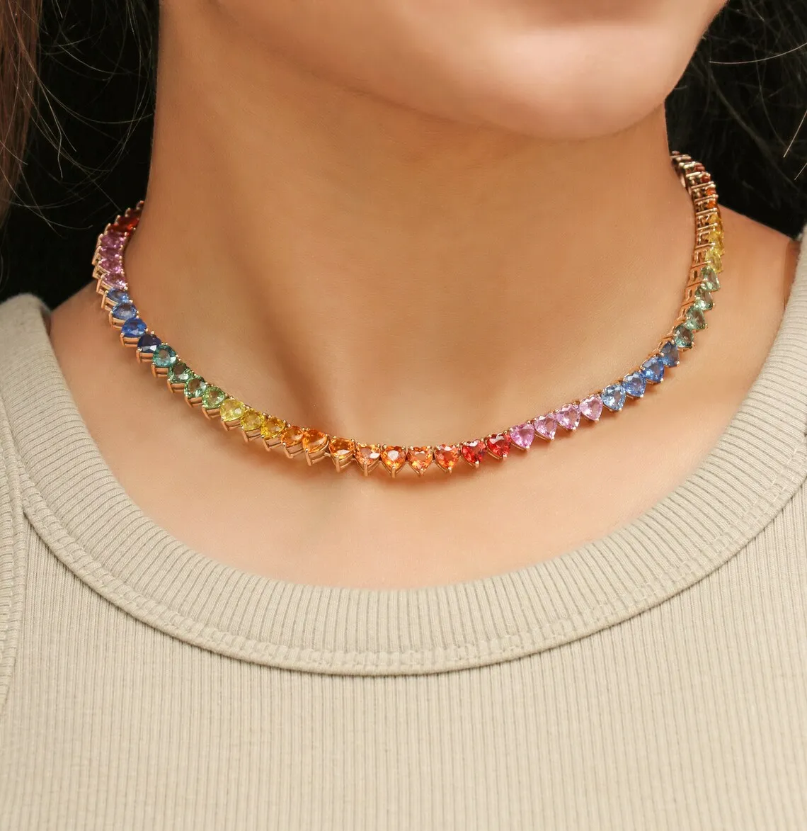 2026 New Arrived Christmas Gift Jewelry Gold Plated Rainbow Heart Shaped Cubic Zirconia CZ Tennis Chain Choker Necklace