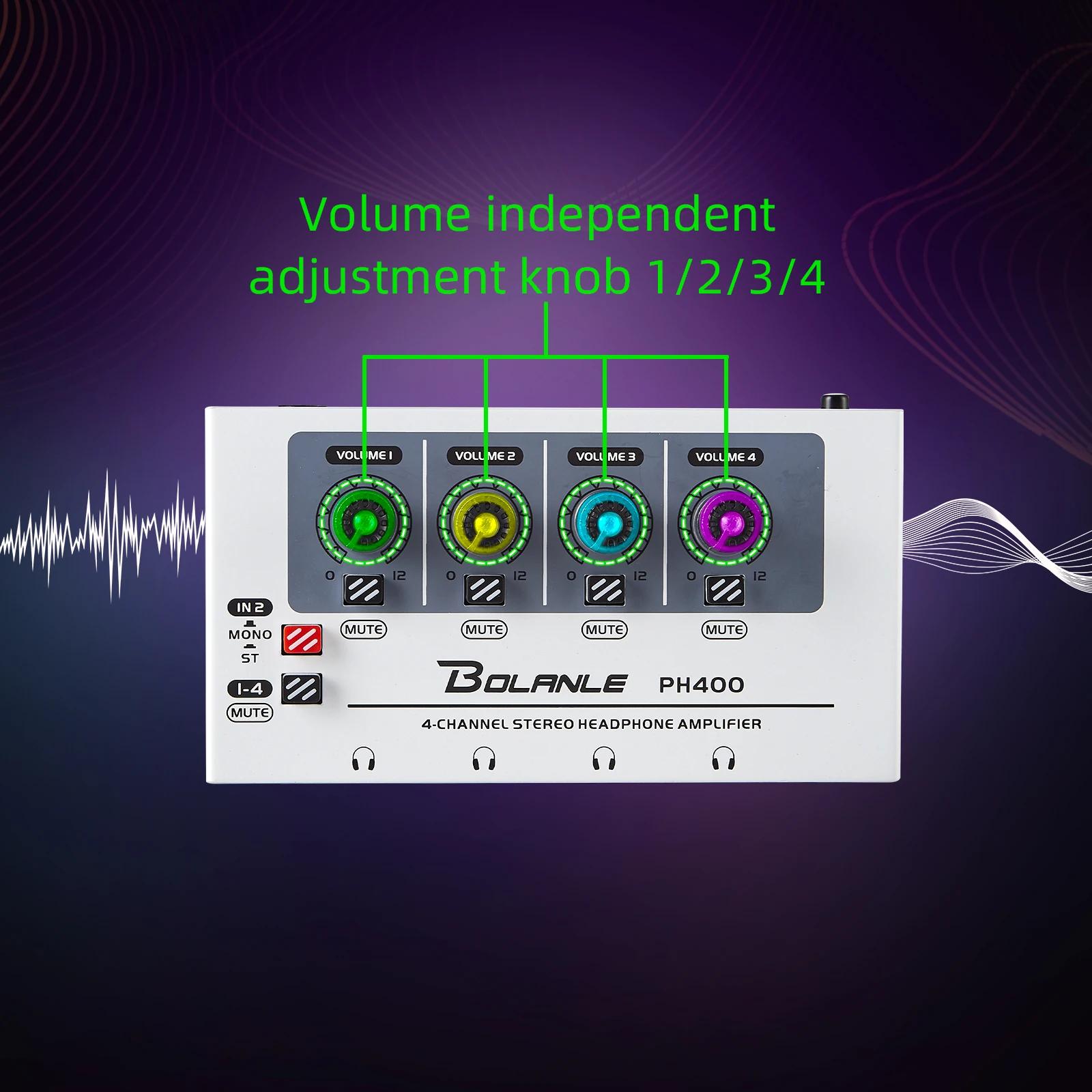Bolanle PH400 4-Kanal Stereo-Kopfhörerverstärker Verteilungssystem 600 Ohm Hohe Impedanz RGB-Beleuchtung Studio – Detail 9