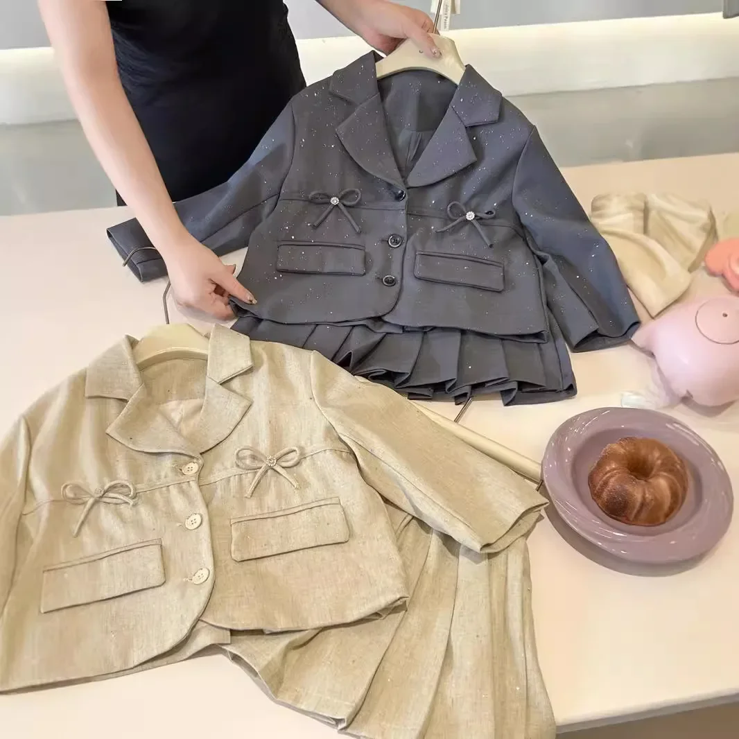 

Girls Set 2025 Autumn New Jacket Short Skirt Bow Tie Set Childrens 2025 Autumn New Fashionable Two-piece Set