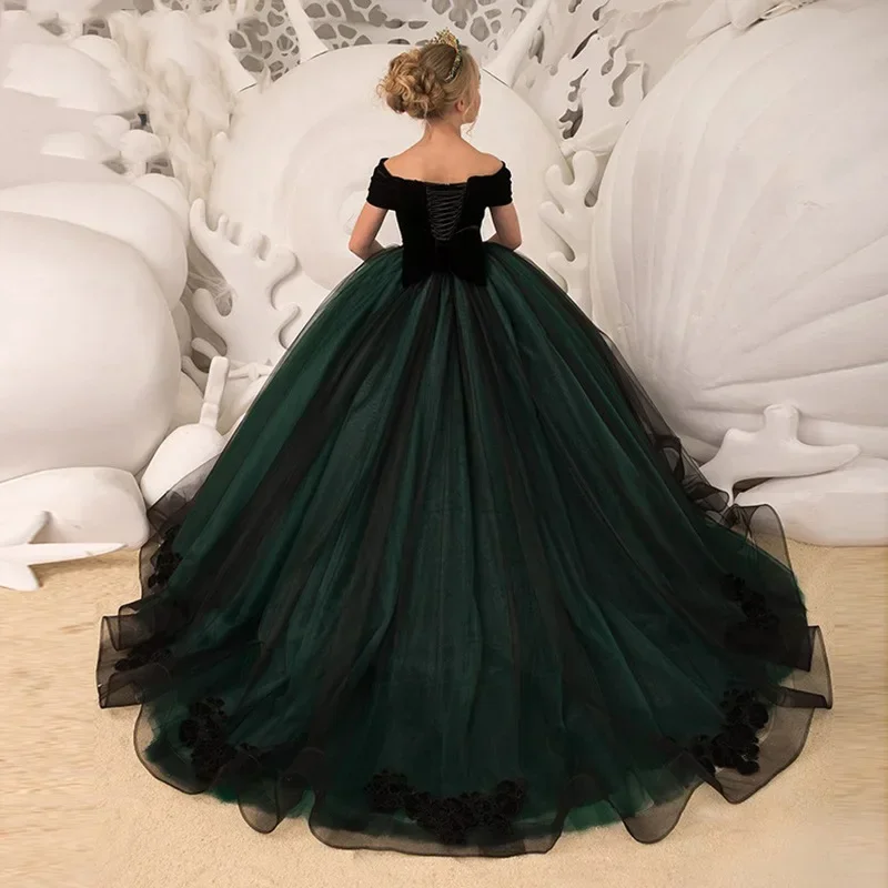 Kids Dresses Girl Elegant Long Prom Green Tulle Gowns 2025 New Children Graduation Dress Teen Wedding Bridesmaid Robe