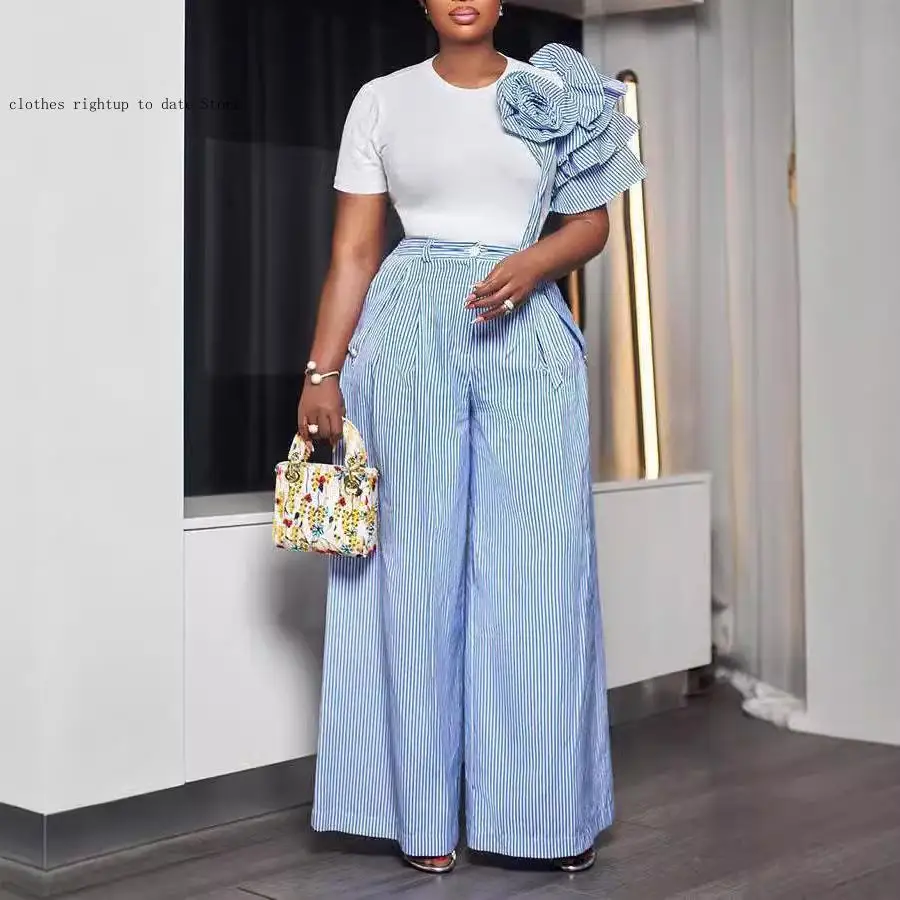European and American Women's Round Neck Short Sleeved Striped Contrasting Wide Leg Pants Two-Piece Set