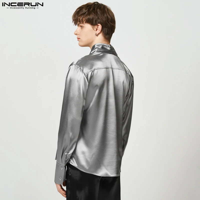 Fashion Men Shirt Solid Color Satin V Neck Long Sleeve Streetwear Loose Camisa 2023 Casual Irregular Male Shirts S-5XL INCERUN 7