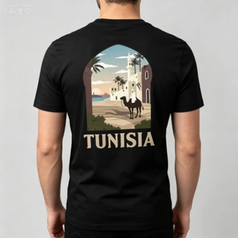 Vintage Tunisia Travel Print Men’s Modal T‑Shirt Round Neck Camel Architecture Pattern Short Sleeve Casual Streetwear Male Tee