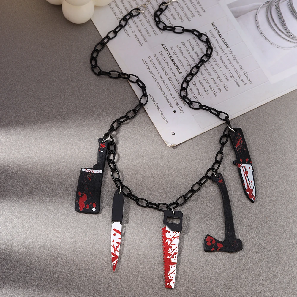 Aihua Punk Gothic Dark Bloody Knife Sword Ax Anhänger Halskette für Damen Herren Y2K Metall Choker Schlüsselbeinkette Halloween Schmuck – Detail 1