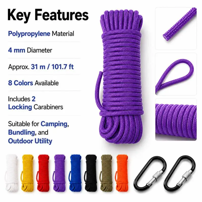 4mm Geflochtenes Seil, 31m Outdoor-Seil, Fallschirmseil, Überlebens-Fallschirmschnur, Haushaltsseil, für Outdoor-Camping und Klettern – Detail 1