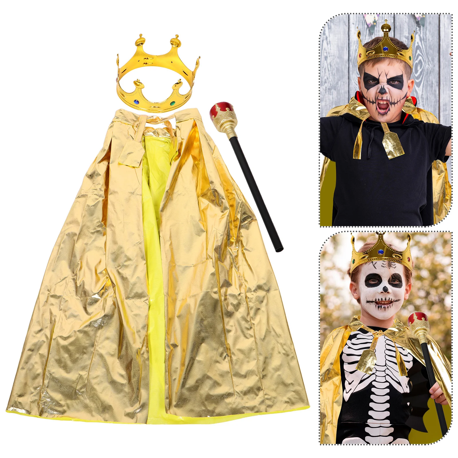 

3Pcs Halloween Costume Kit Gold Prince Cloak Crown Cane Set for Stage Performance and Party Dress Up Halloween Costume Set