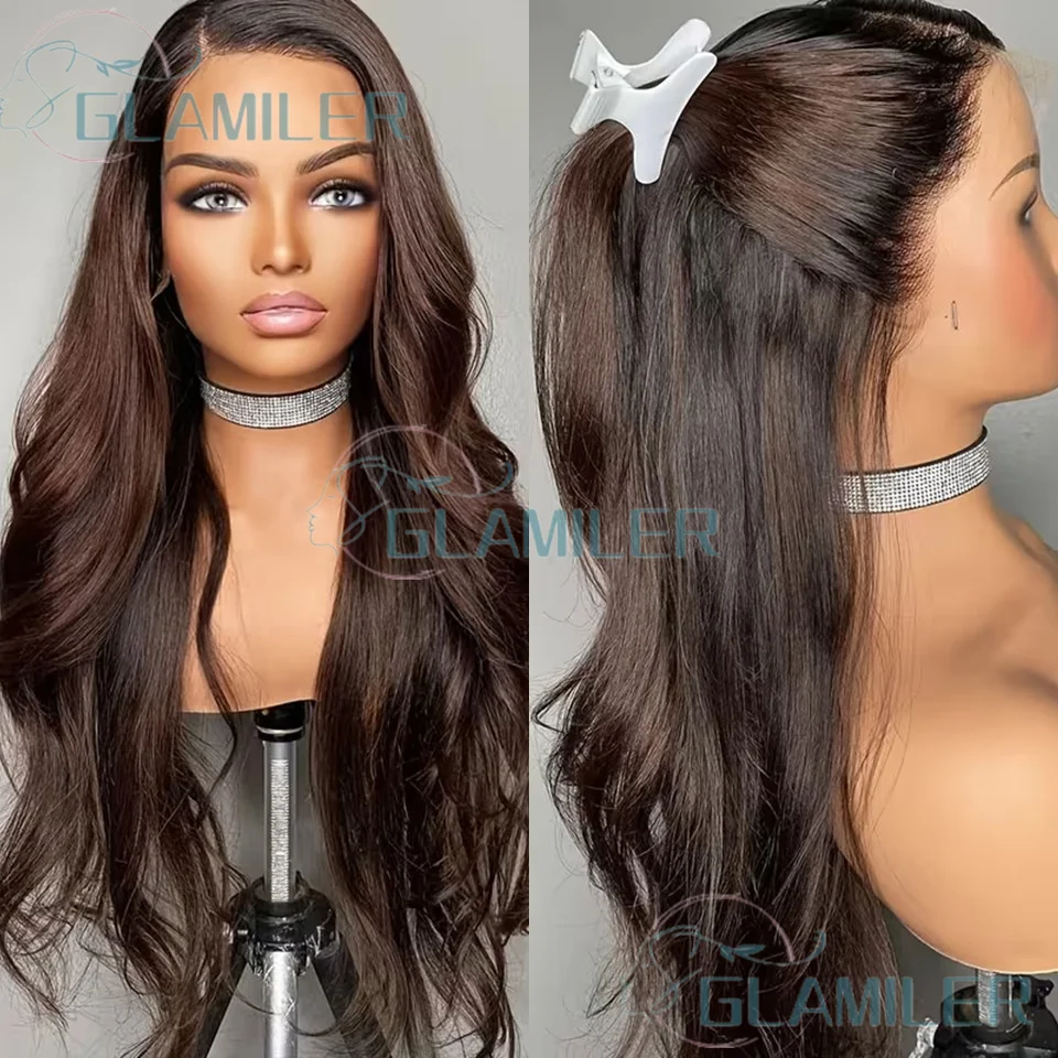 الجانب الأيمن شعر بشري مموج طبيعي # 2 شعر مستعار بني داكن بدون صمغ 5 × 5 من الحرير لإغلاق الجزء العلوي منزوع مسبقًا 13 × 6/360 باروكات دانتيل كاملة