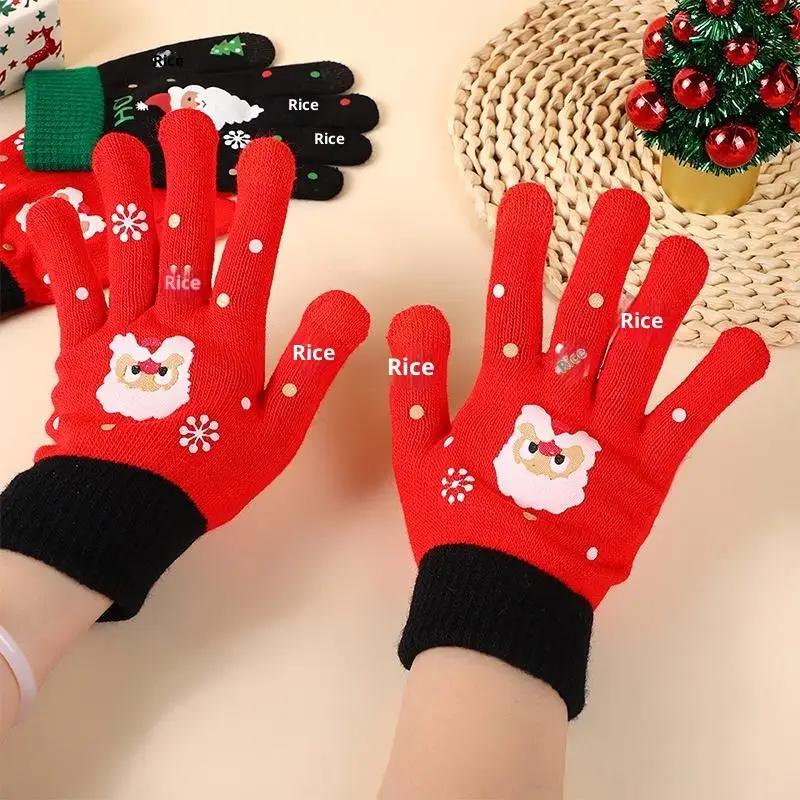 عيد الميلاد الكرتون قفازات محبوكة سانتا كلوز طباعة قفازات الشتاء الدافئة لمس قفازات للأطفال البالغين هدية عيد الميلاد #4