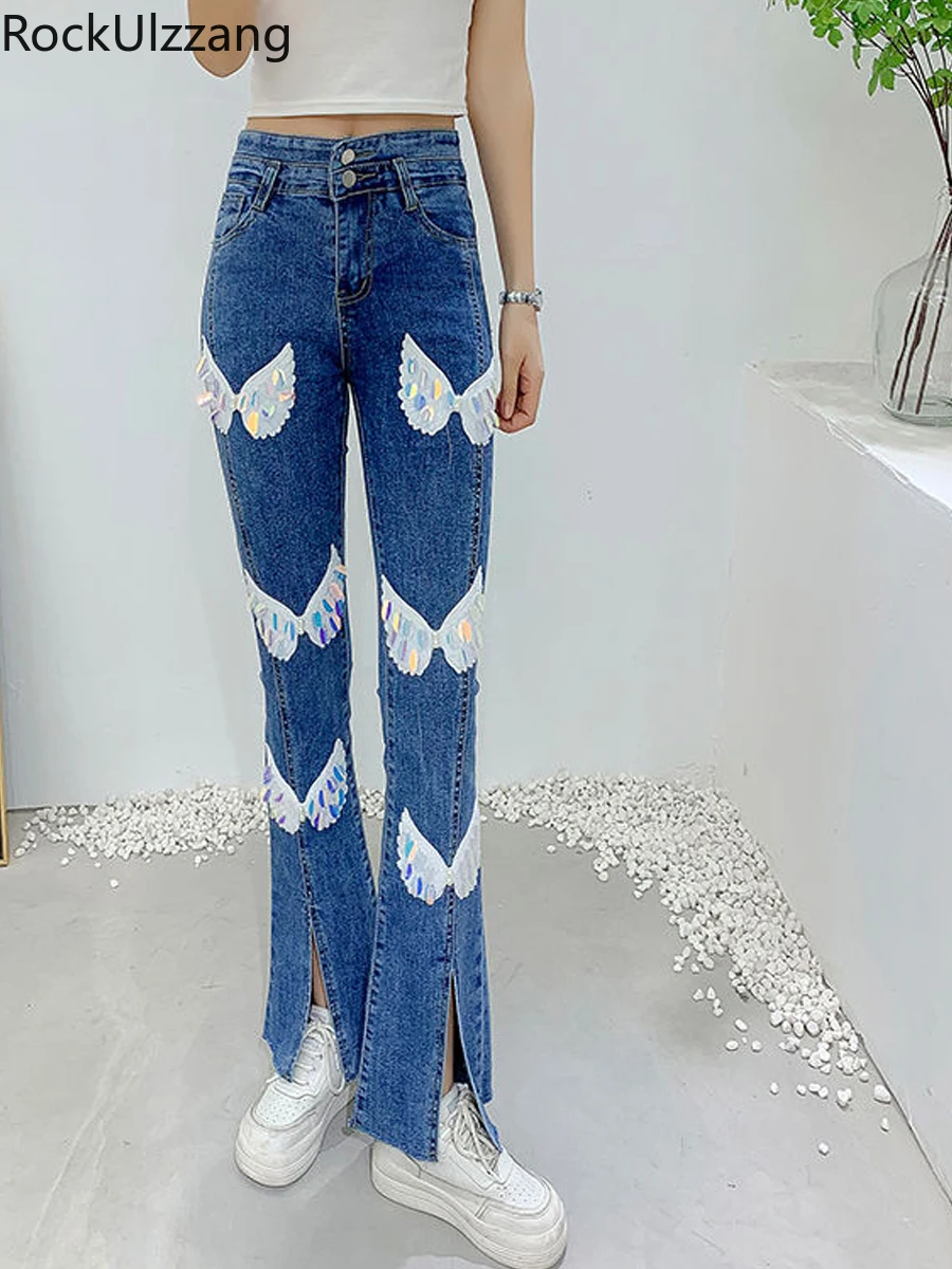 Embroidery Sequin Wing Skinny Tight Stretch High Waist Slim Flare Denim Pant Bootcut Bell Bottom Jeans Women mom y2k oversized