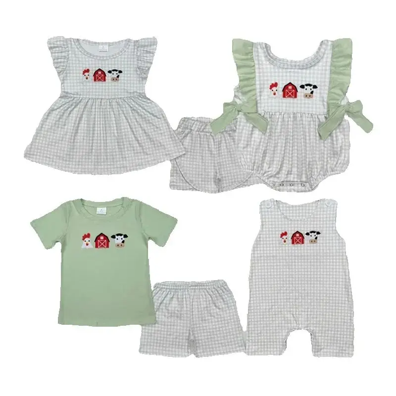 

Hot Sale Kids Sibling Clothing Boy Girls Farm House Cow Embroidery Summer Outfits Girls Outfit Baby Romper Boutique Boys Clothes