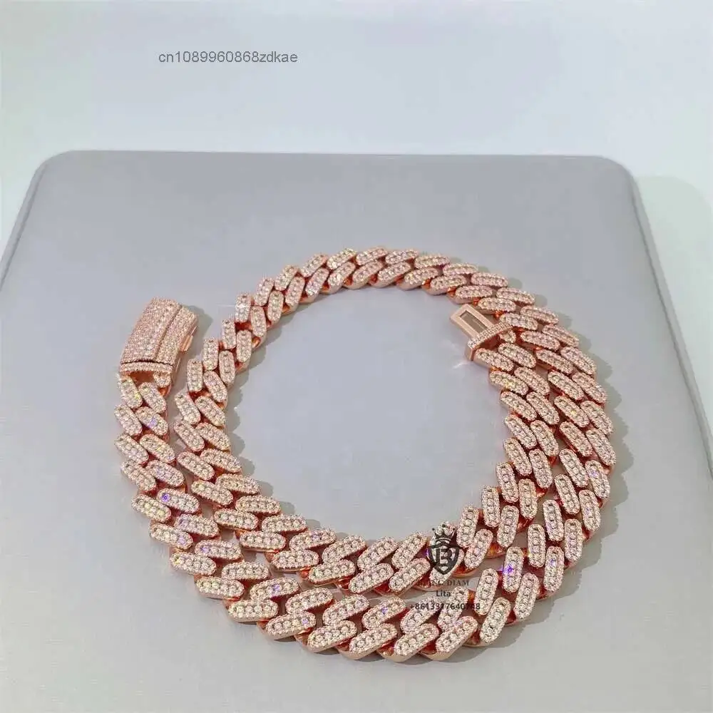 Luxury High Quality Fashion Rose Gold 13mm 18inch Iced Out 3 Rows Moissanites Silver 925 Womens Cuban Link Chain Necklaces.