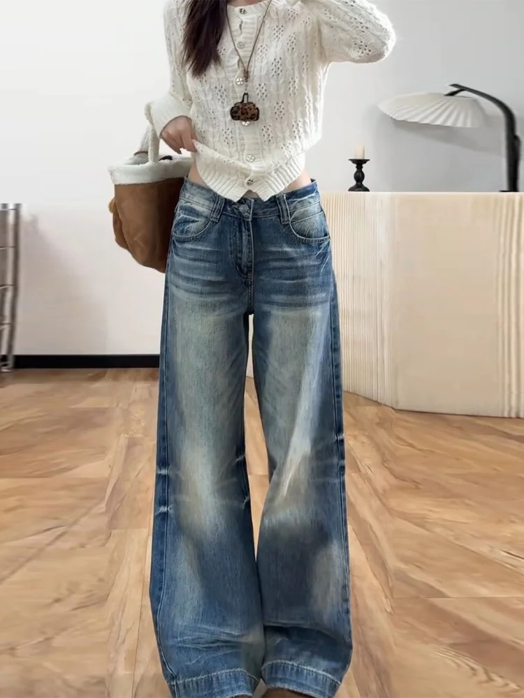 

Retro Thickened Fleece Lined Women's Jeans High Waist Wide Leg Floor Length Washed Effect Casual Trousers for plus Size
