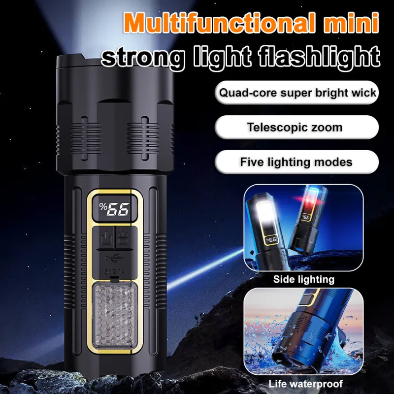 

Уличный фонарик с выдвижным зумом, мини-фонарик с ЖК-дисплеем и быстрой зарядкой типа C, многосторонний фонарь из жесткого АБС-пластика, для кемпинга