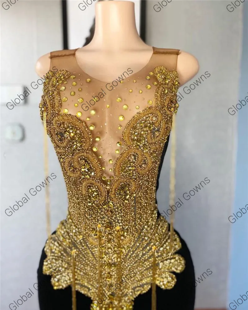 Sheer O Neck Long Prom Gowns For Black Girls Gold Beaded Crystal Birthday Party Dresses Tassel Evening Dress Robe De Customized image 3