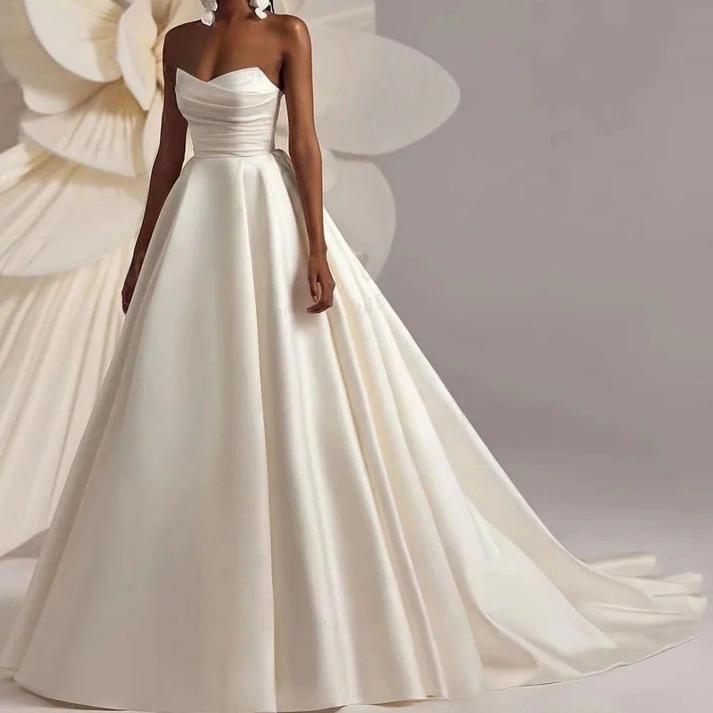 

Ivory Long Wedding Dress for Women Satin Pleat Sweetheart A Line Backless Luxury 2025 Bride Sleeveless Bridal Gown Customized